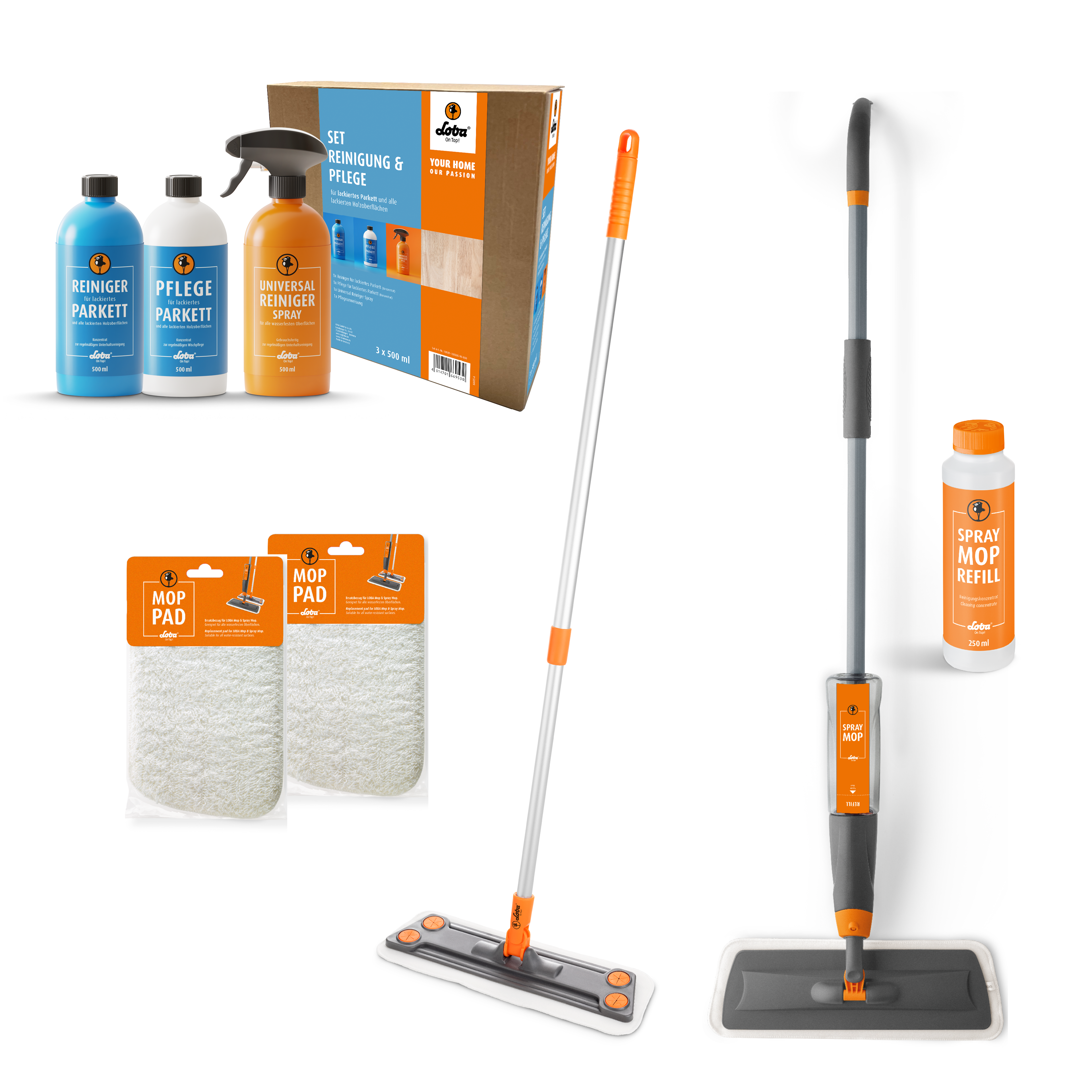 SET Reinigung und Pflege für lackierte Böden + Wischmop + 2 Mop Pads + SprayMop