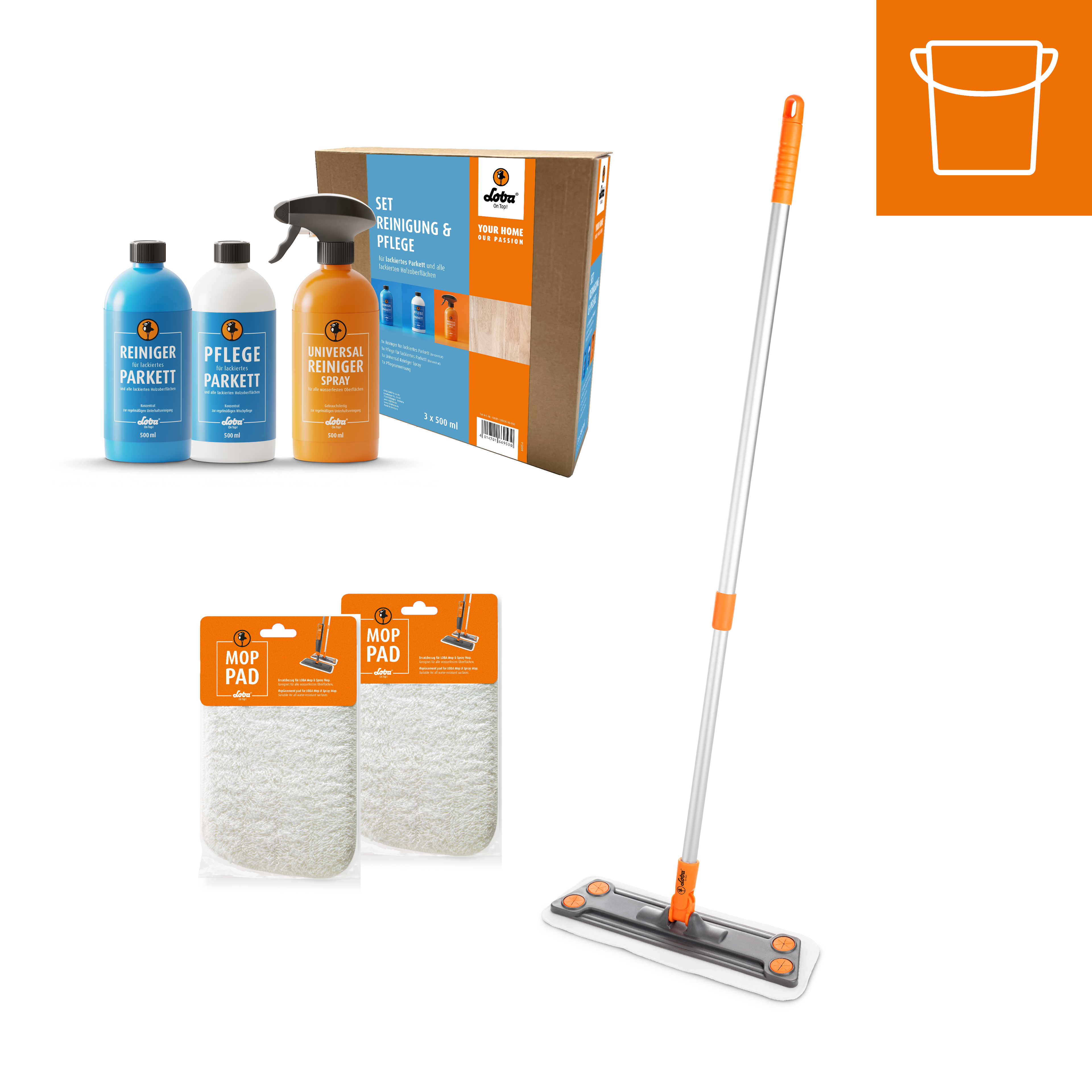 SET Reinigung und Pflege für lackierte Böden + Wischmop + 2 Mop Pads