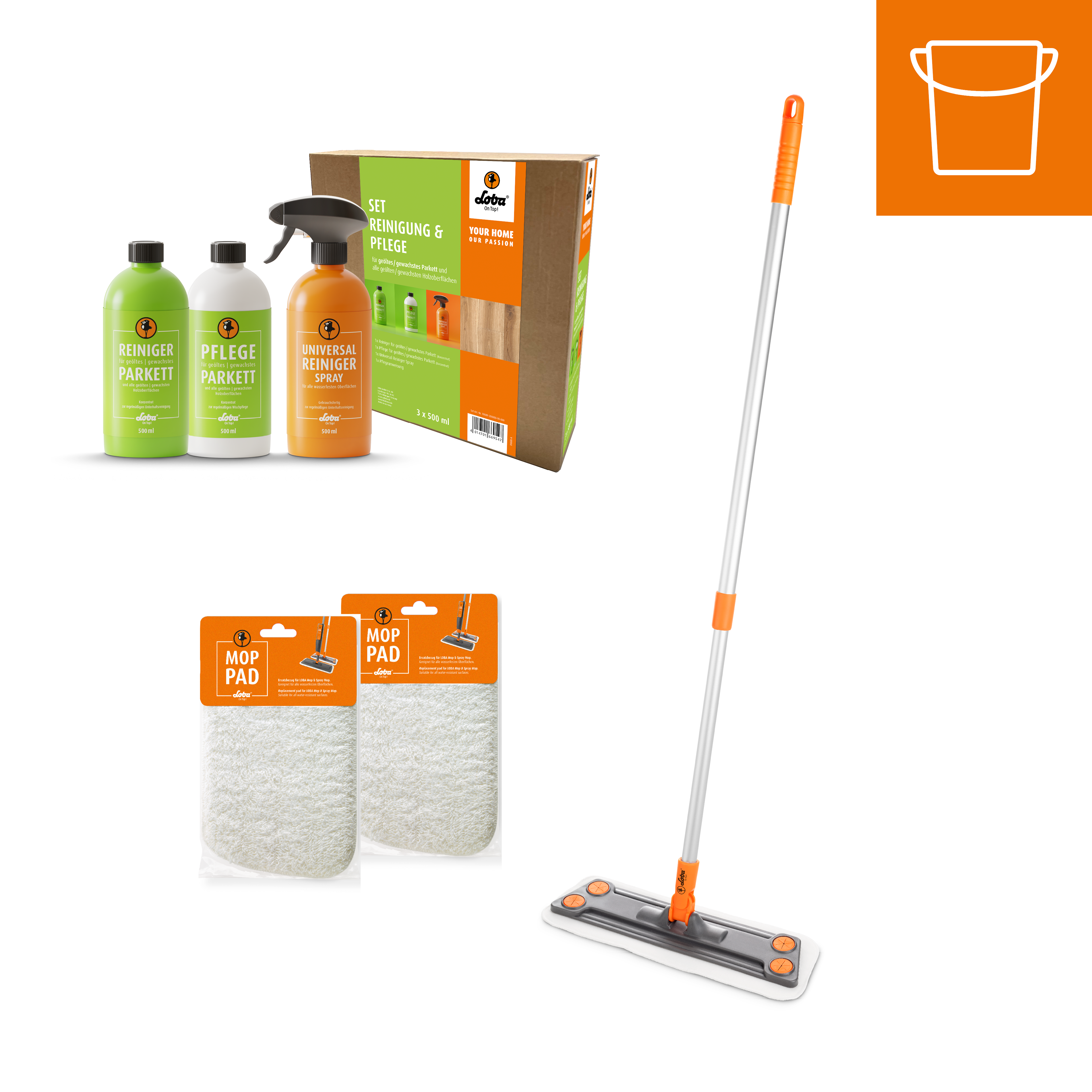 SET Reinigung und Pflege für geölte/gewachste Böden  + Wischmop + 2 Mop Pads