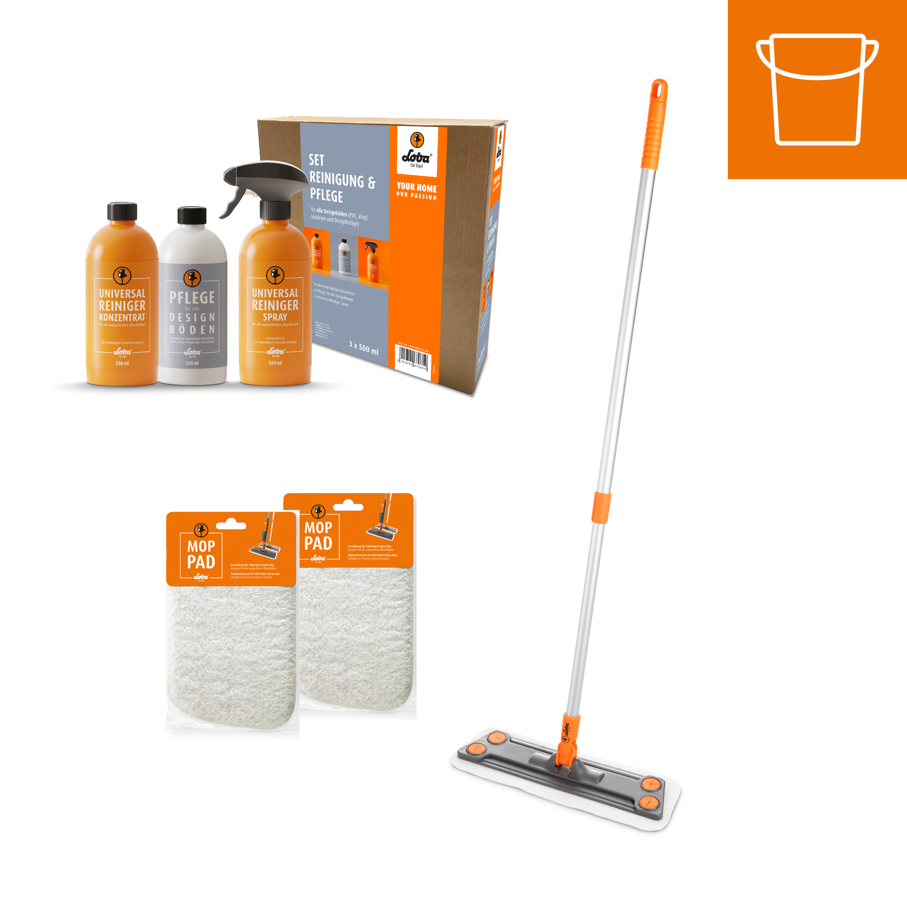 SET Reinigung und Pflege für Designböden + Wischmop + 2 Mop Pads